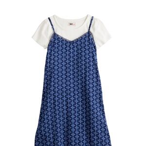 Girls SO Lace Trim Slip On Dress. Blue, White Size L 10/12 Dress and T-shirt NEW